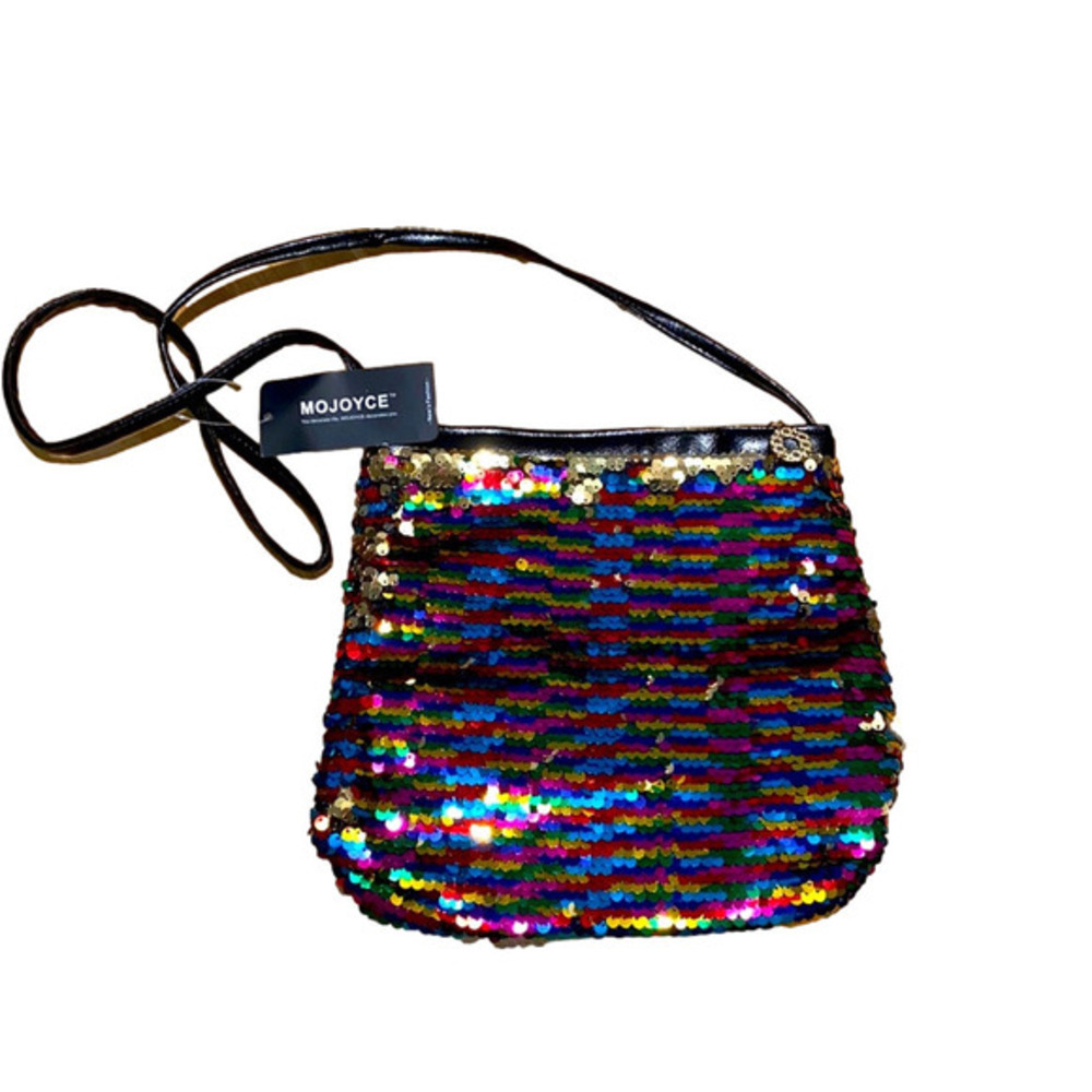 ✅Mojoyce  Sequins bag (Manmade materials), long cross body strap in black.